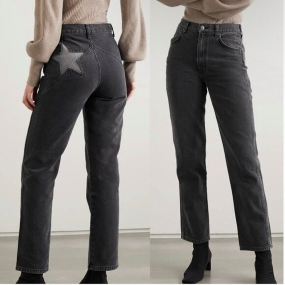 Reformation Star Jeans Women 31 Black Gray Seine Straight Leg Ankle Boho Grunge - Picture 2 of 12